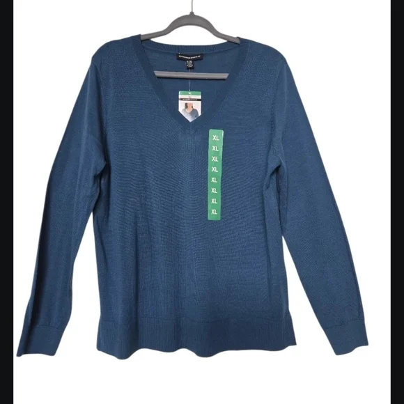 NWT, KATHERINE BARCLAY Women's Blue V-Neck Merino Wool Sweater.Size XL - Picture 10 of 11